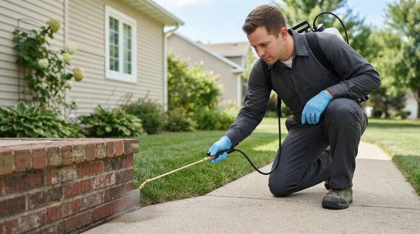 Pest control technician treating a home near Wood River, IL