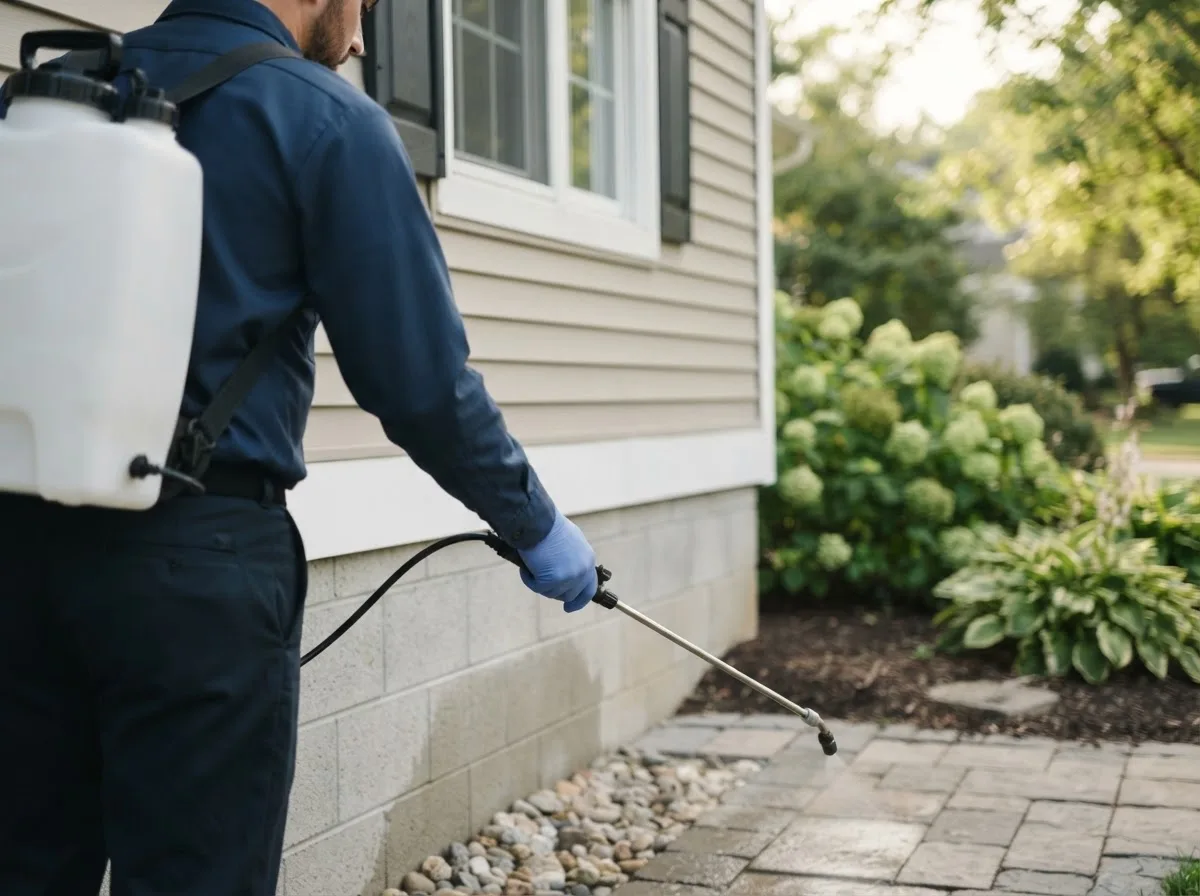 Pest control technician inspecting a home in Wood River, IL